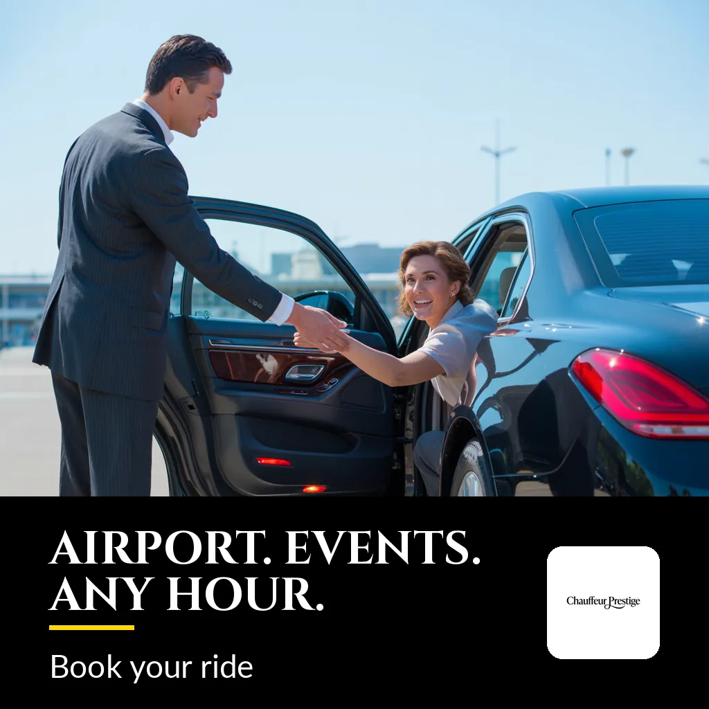 Chauffeur Prestige — Social media post: AIRPORT. EVENTS. ANY HOUR.
