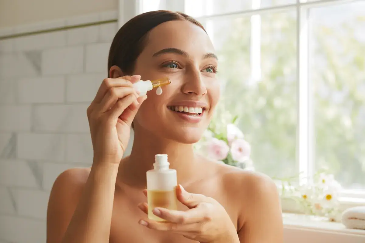 Citrine Mist brand photo: a woman smiling as she applies a serum in morning light