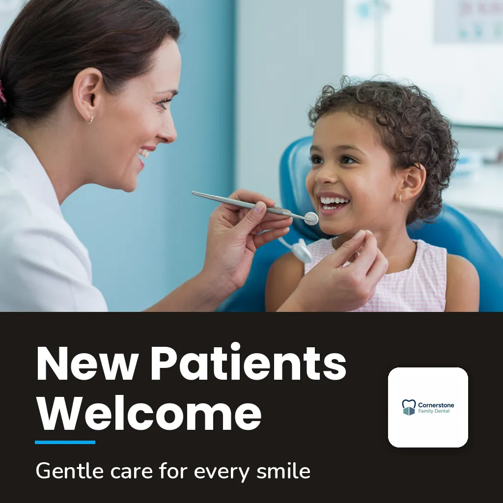 Cornerstone Family Dental square social post, AI-made