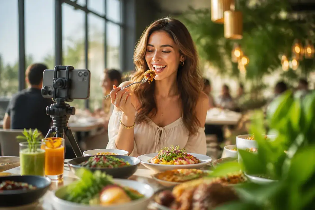 Fork & Feast brand photo: a food creator filming herself tasting a dish at a restaurant
