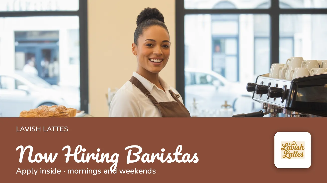 Lavish Lattes — Website banner: Now Hiring Baristas