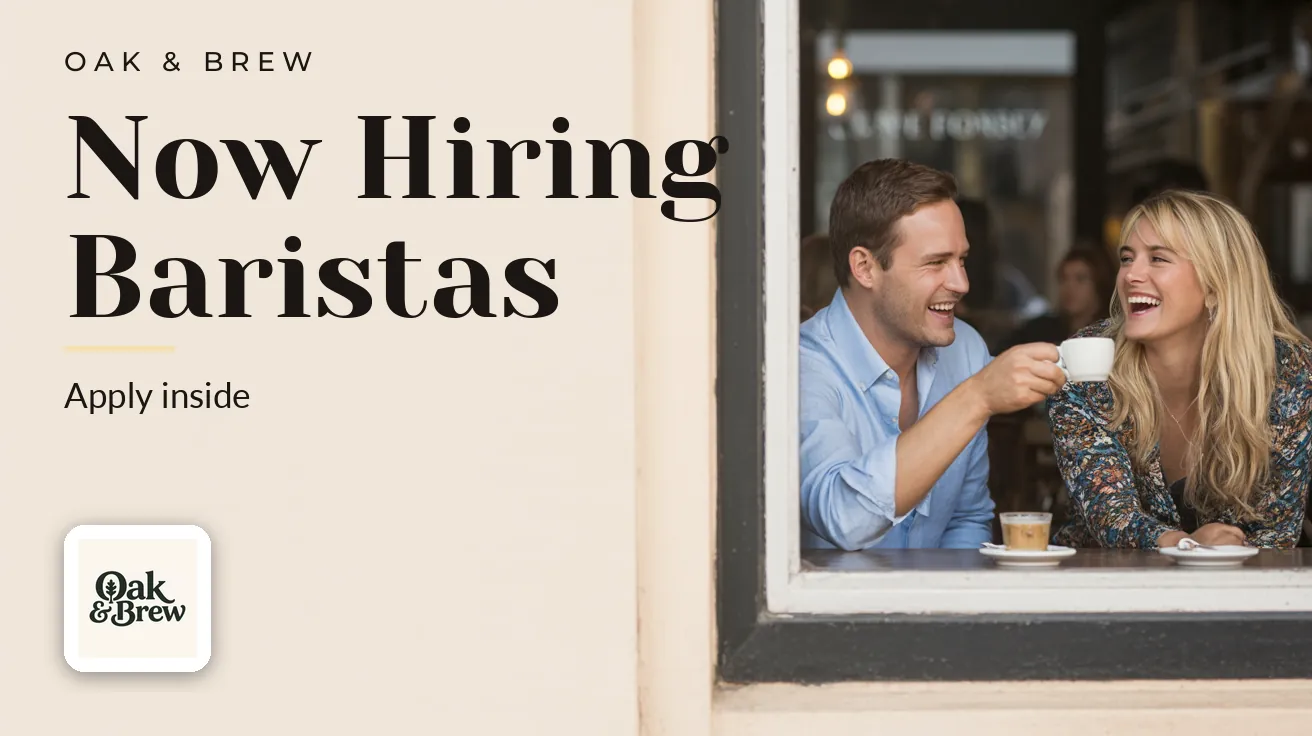 Oak & Brew — Banner web panorámico: NOW HIRING BARISTAS