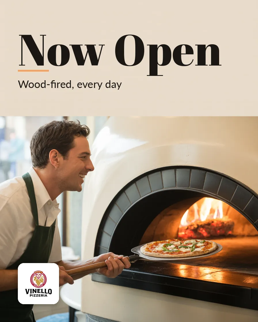 Vinello Pizzeria — Poster: NOW OPEN
