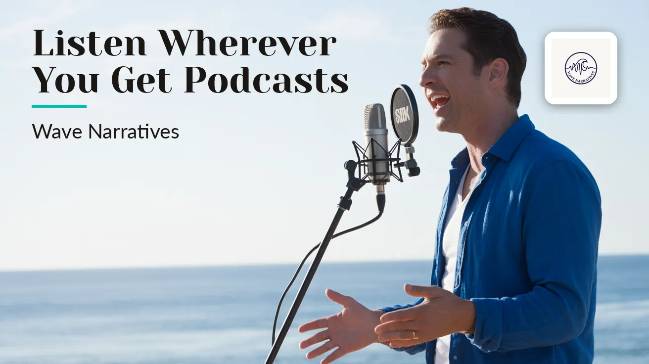 Wave Narratives — Website banner: LISTEN WHEREVER YOU GET PODCASTS