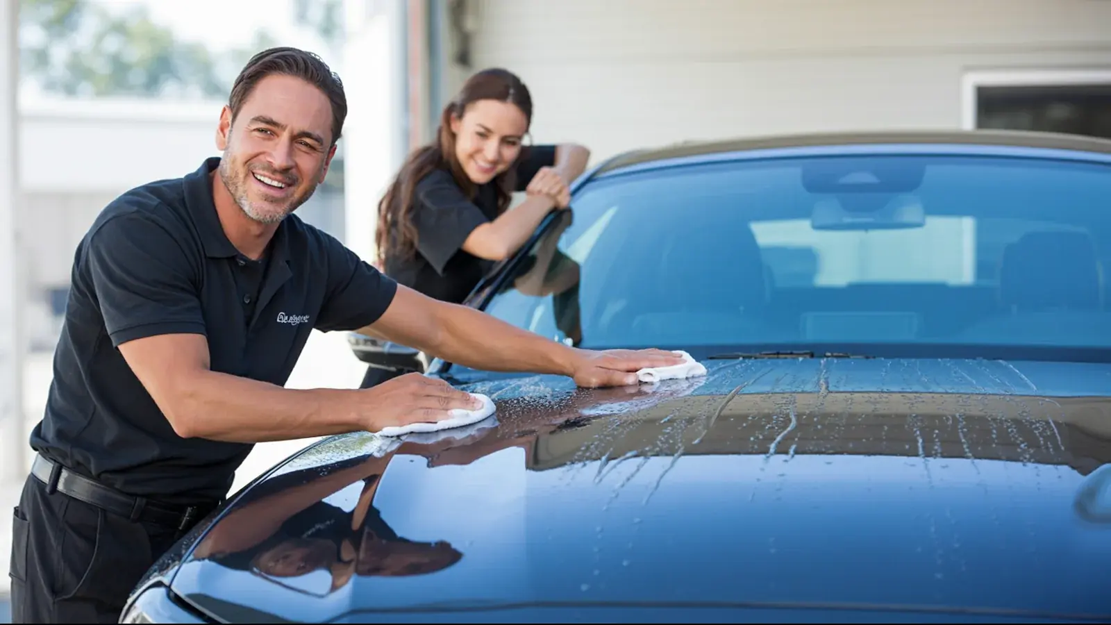 The owner of an auto detailing business at work with a customer, in a bright real moment