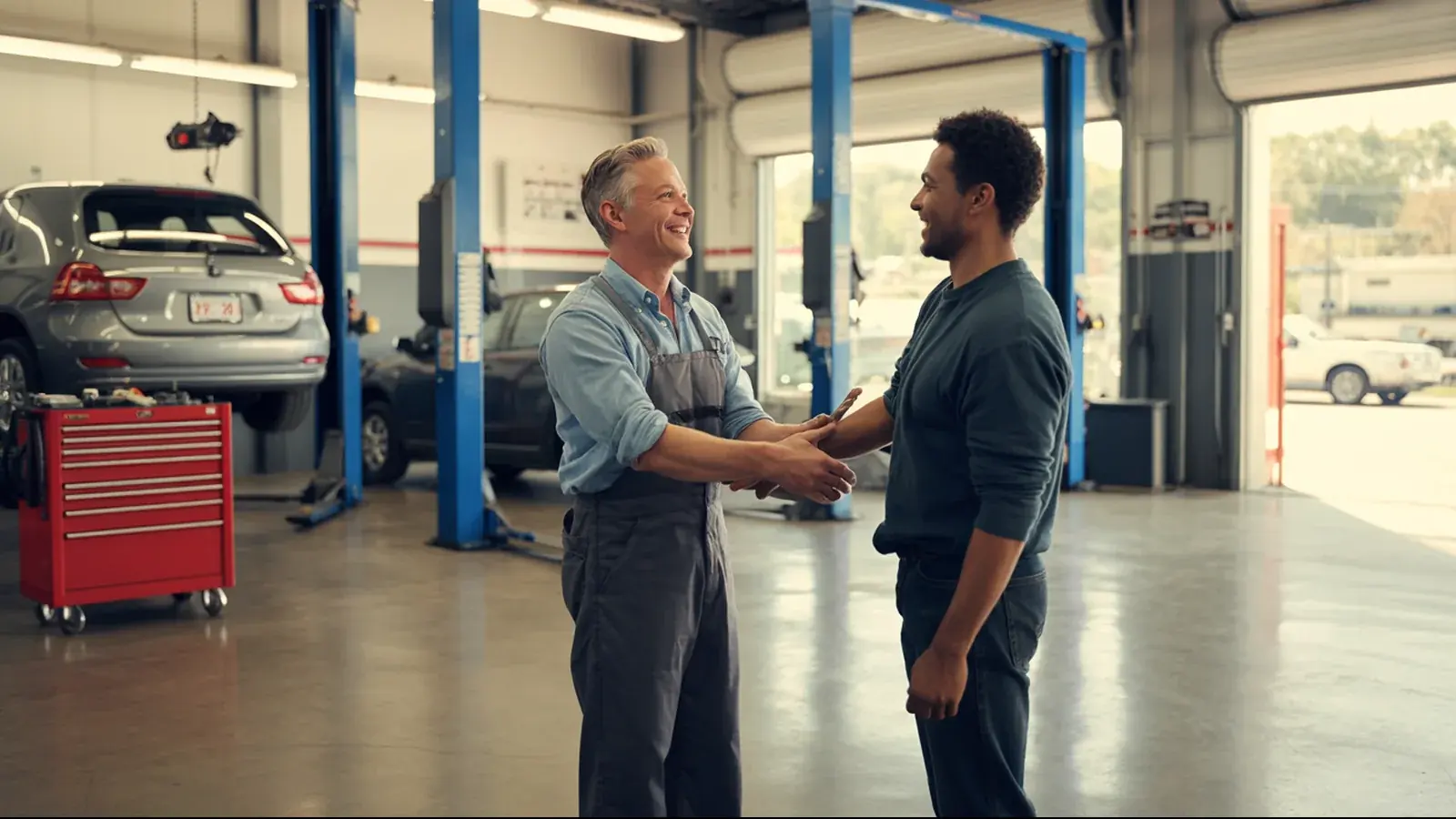 The owner of an auto repair shop at work with a customer, in a bright real moment