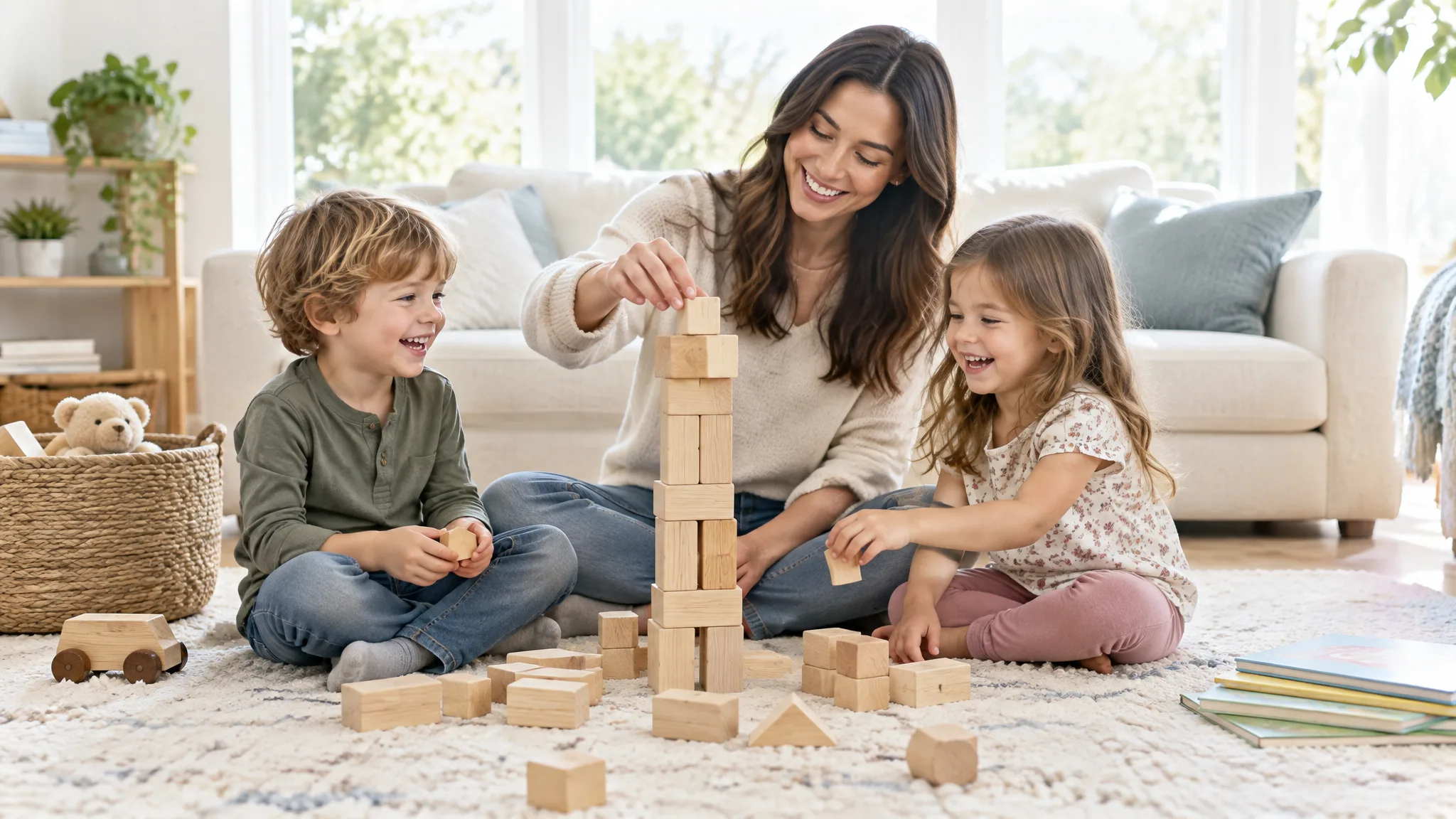 A young sitter building a block tower with two laughing children in a bright, tidy living room