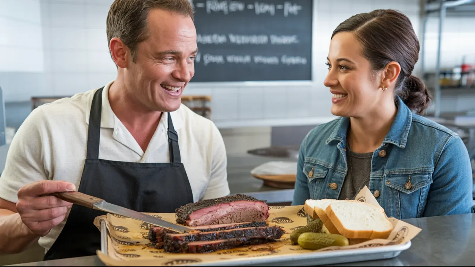 The owner of a barbecue restaurant at work with a customer, in a bright real moment