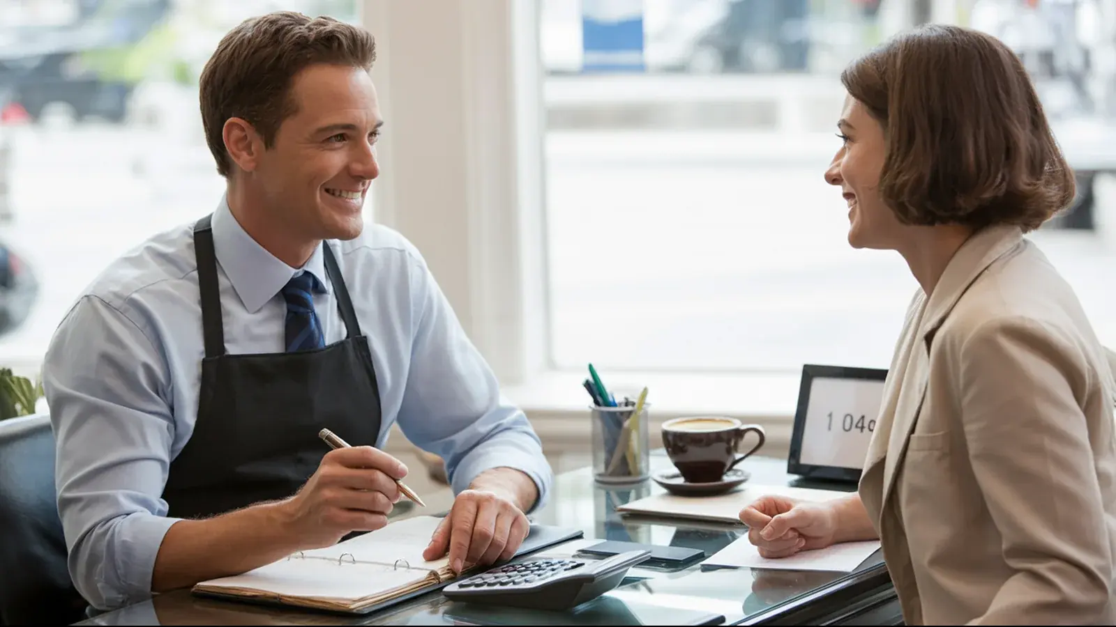 The owner of a bookkeeping business at work with a customer, in a bright real moment