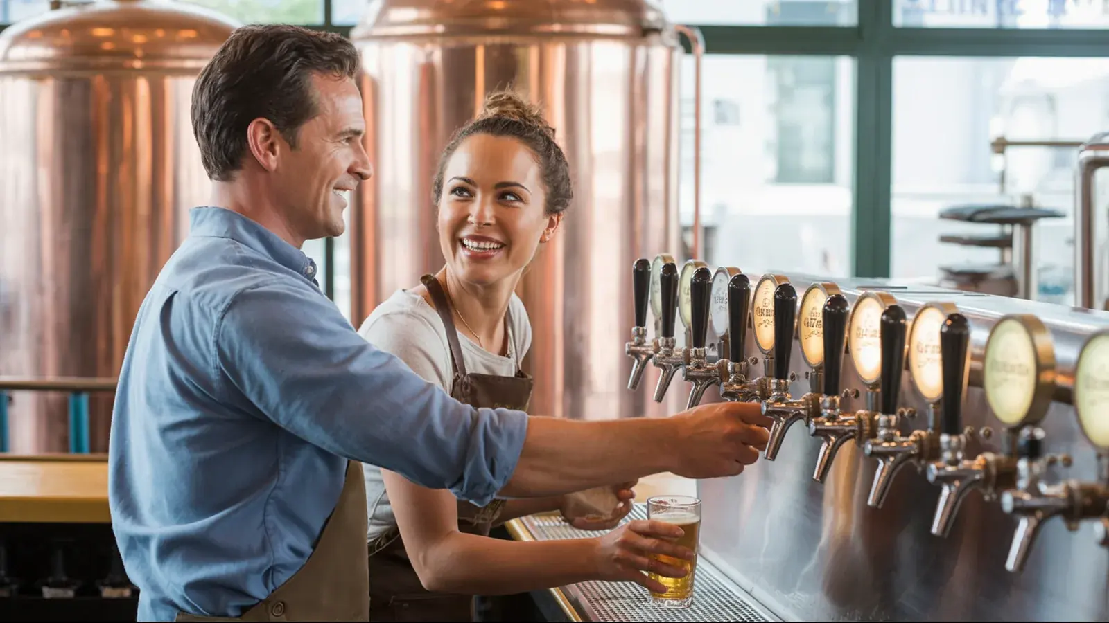 The owner of a brewery at work with a customer, in a bright real moment