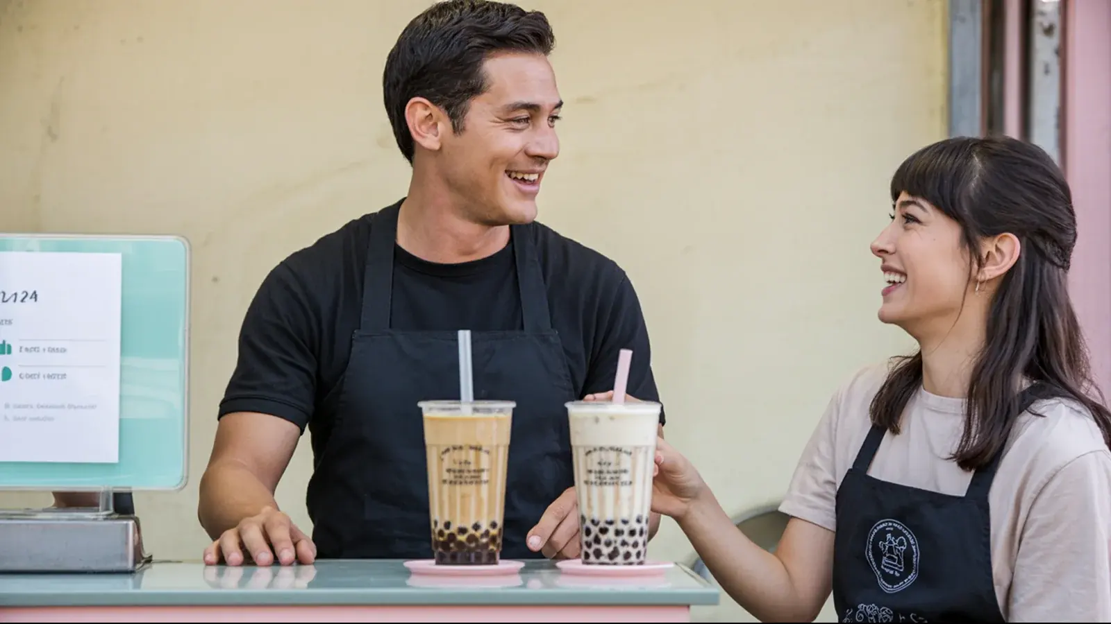 The owner of a bubble tea shop at work with a customer, in a bright real moment
