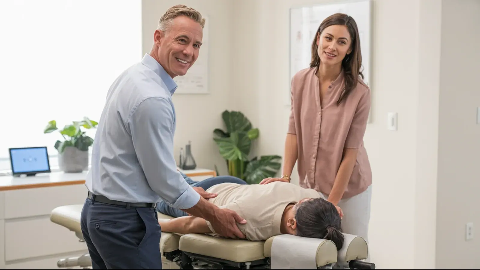 The owner of a chiropractic clinic at work with a customer, in a bright real moment