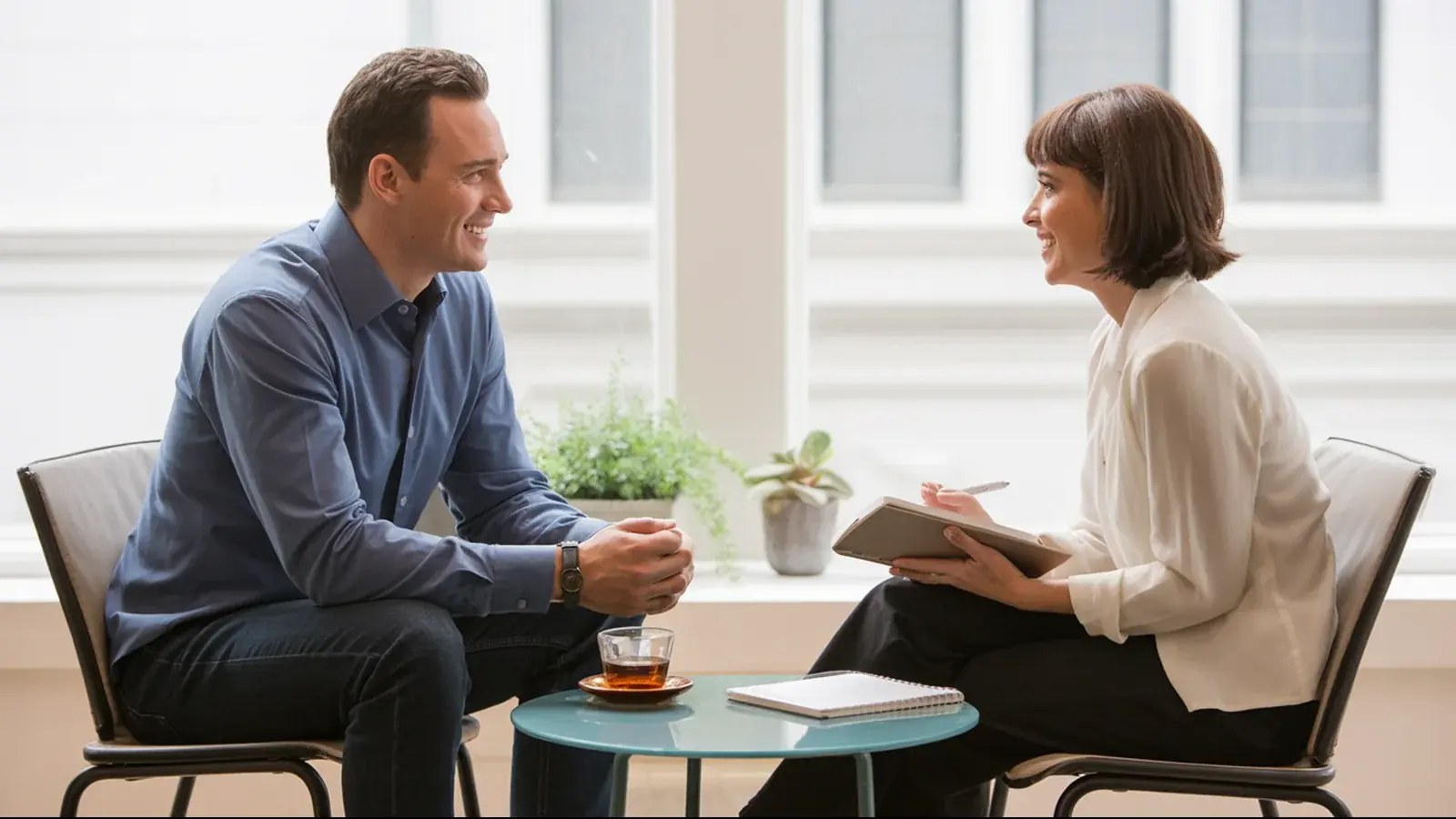 The owner of a coaching business at work with a customer, in a bright real moment