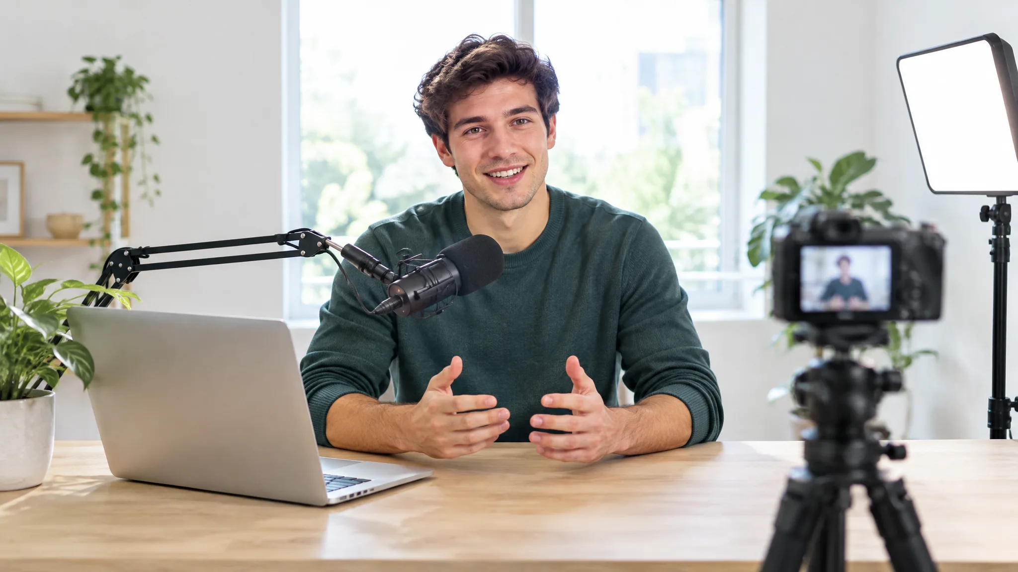 A young creator talking to a camera in a bright, simple home studio with a microphone and soft light