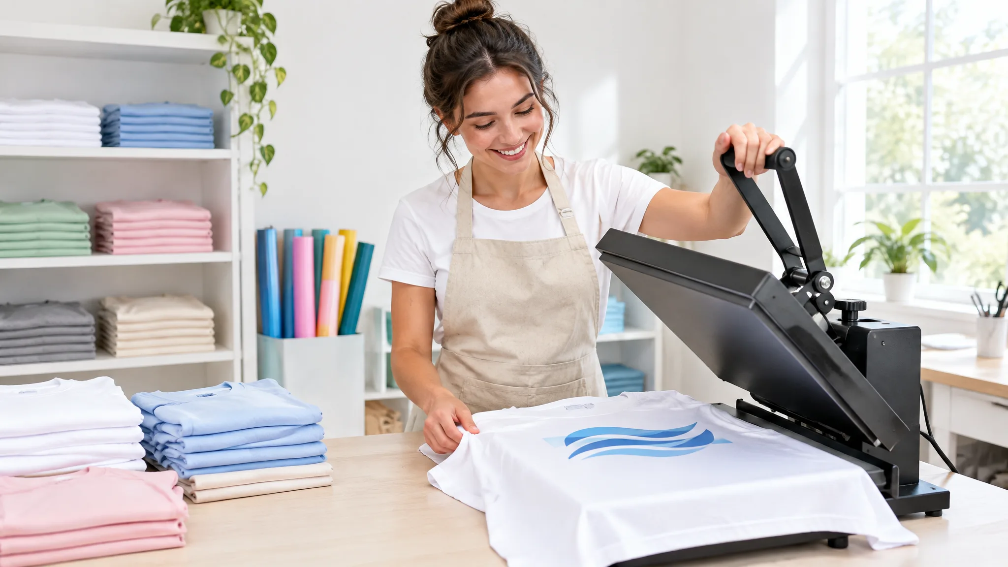 A young printer lifting a heat press to reveal a fresh print on a white T-shirt in a bright home studio