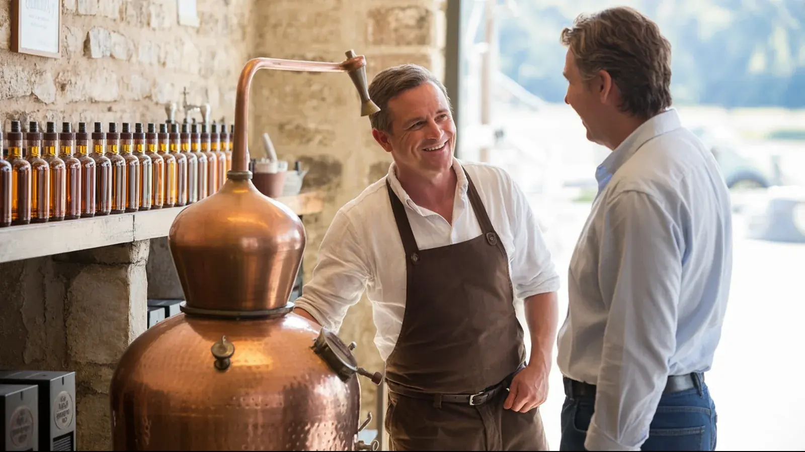 The owner of a craft distillery at work with a customer, in a bright real moment
