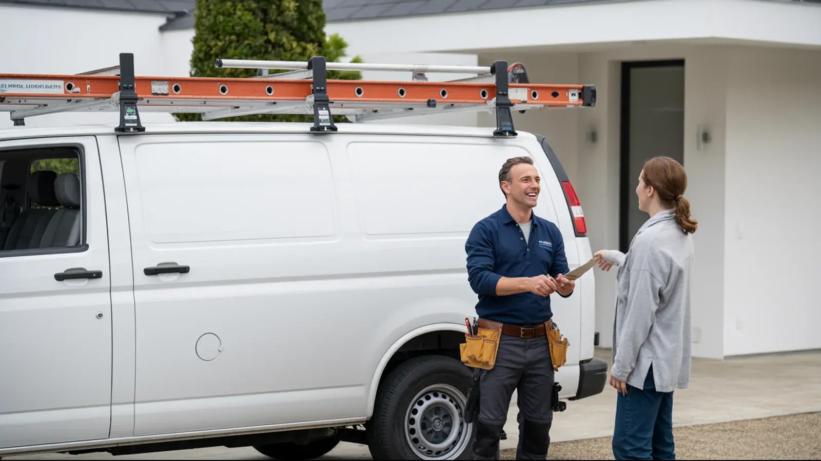 The owner of an electrical business at work with a customer, in a bright real moment