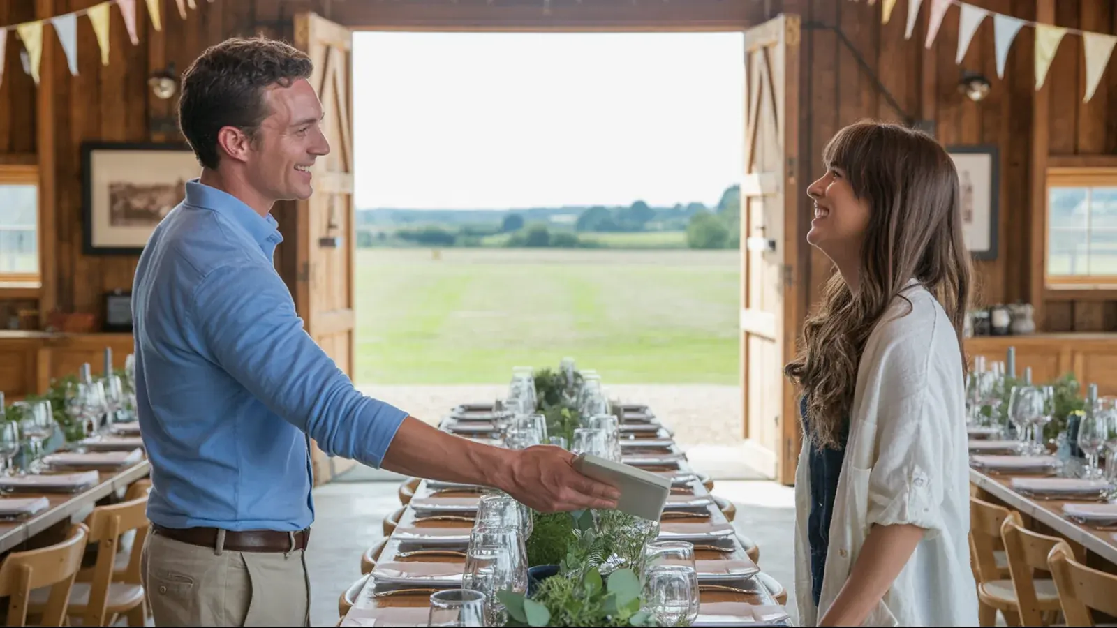 The owner of an event venue at work with a customer, in a bright real moment