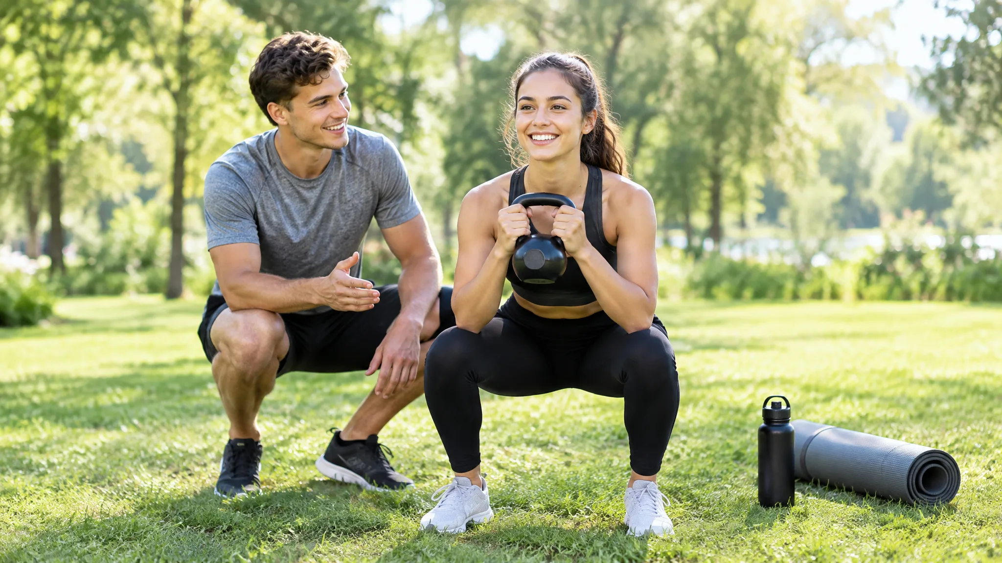 A young fitness coach cheering on a client doing a kettlebell squat on a sunny park lawn