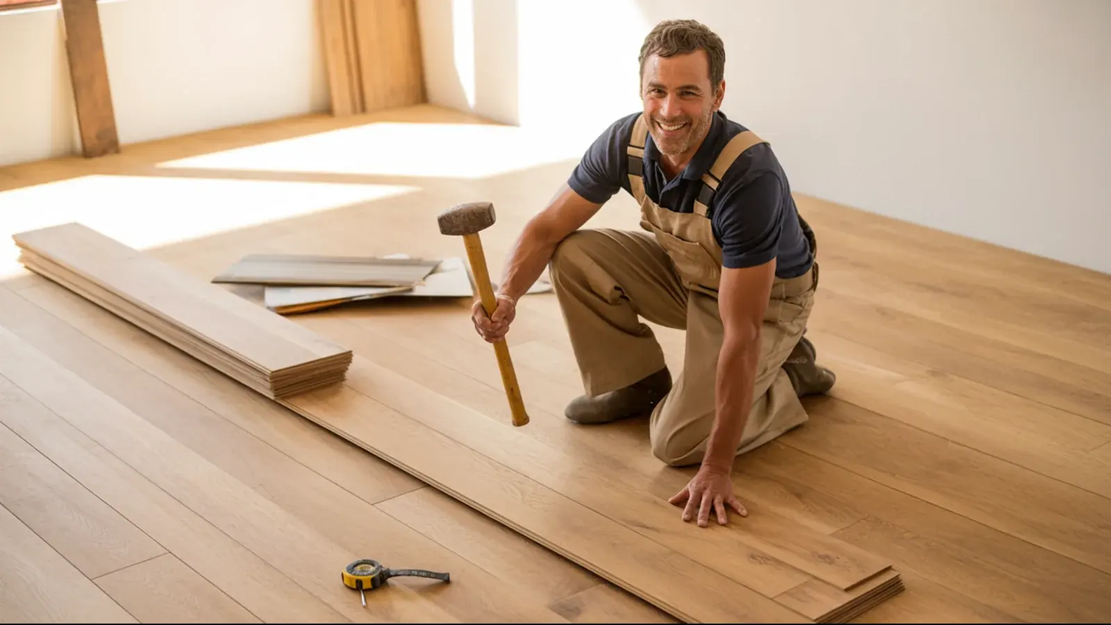 The owner of a flooring company at work with a customer, in a bright real moment