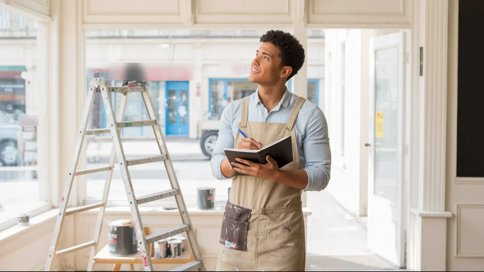 A new owner standing in his freshly painted shop, notebook in hand, thinking of a name