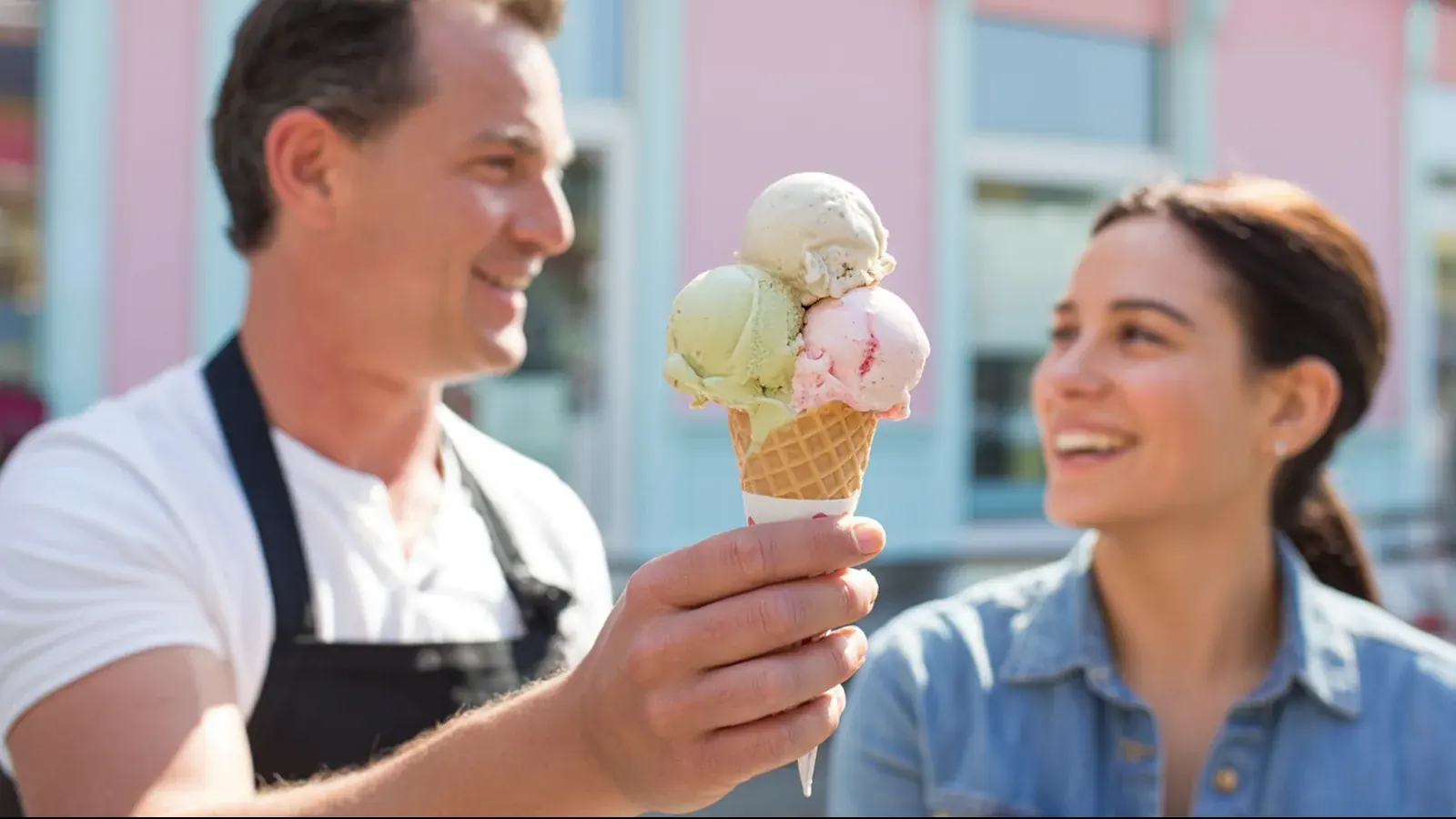 The owner of an ice cream shop at work with a customer, in a bright real moment