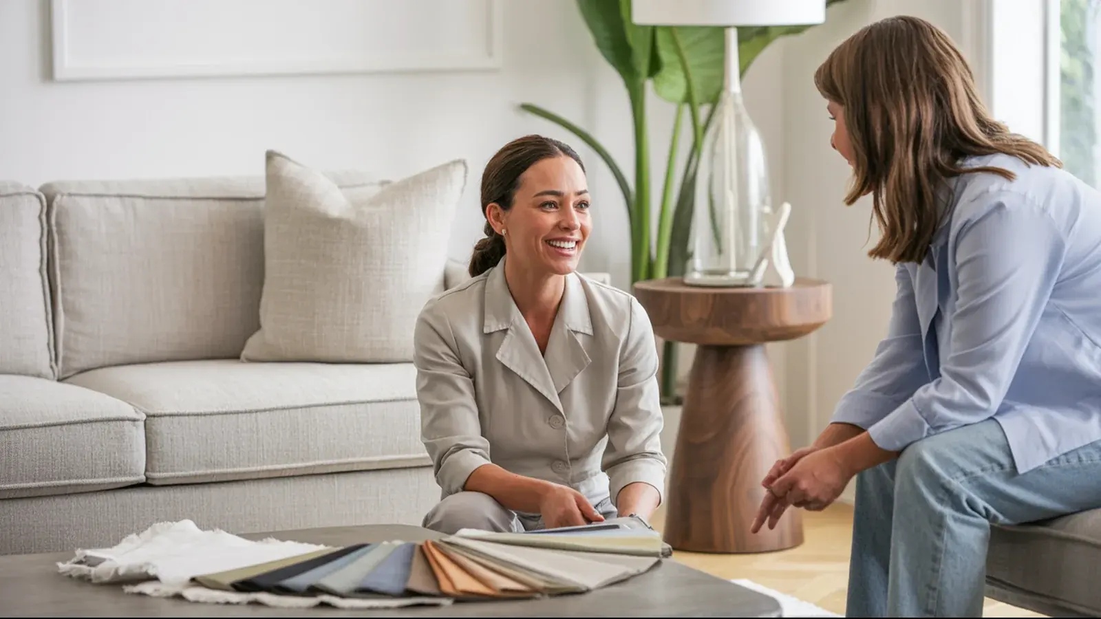 The owner of an interior design business at work with a customer, in a bright real moment