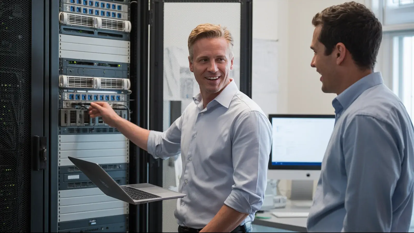The owner of an IT services company at work with a customer, in a bright real moment