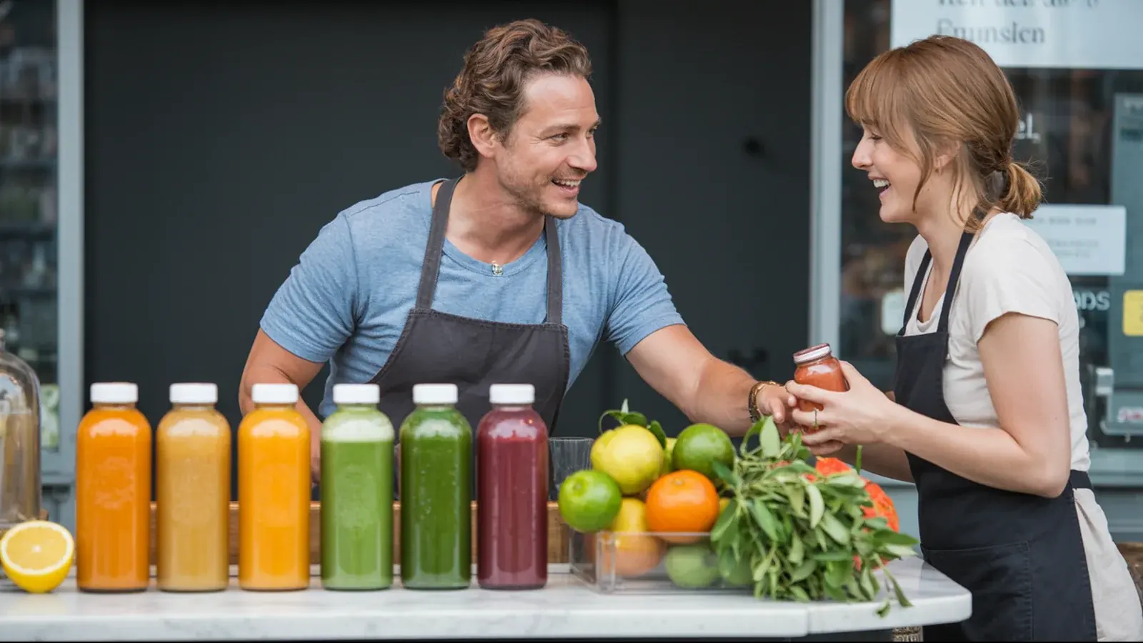 The owner of a juice bar at work with a customer, in a bright real moment