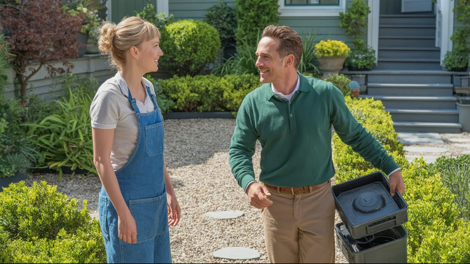 El dueño de un negocio de jardinería trabajando con un cliente, en un momento real y luminoso