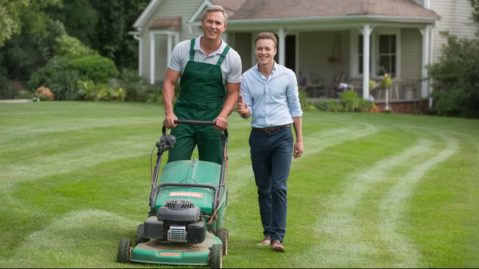 The owner of a lawn care business at work with a customer, in a bright real moment