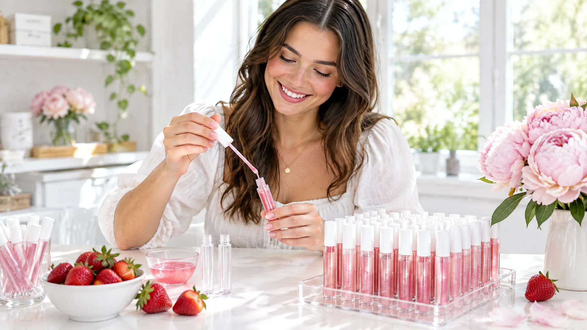 A young maker filling clear lip gloss tubes with pink shimmer at a bright white table