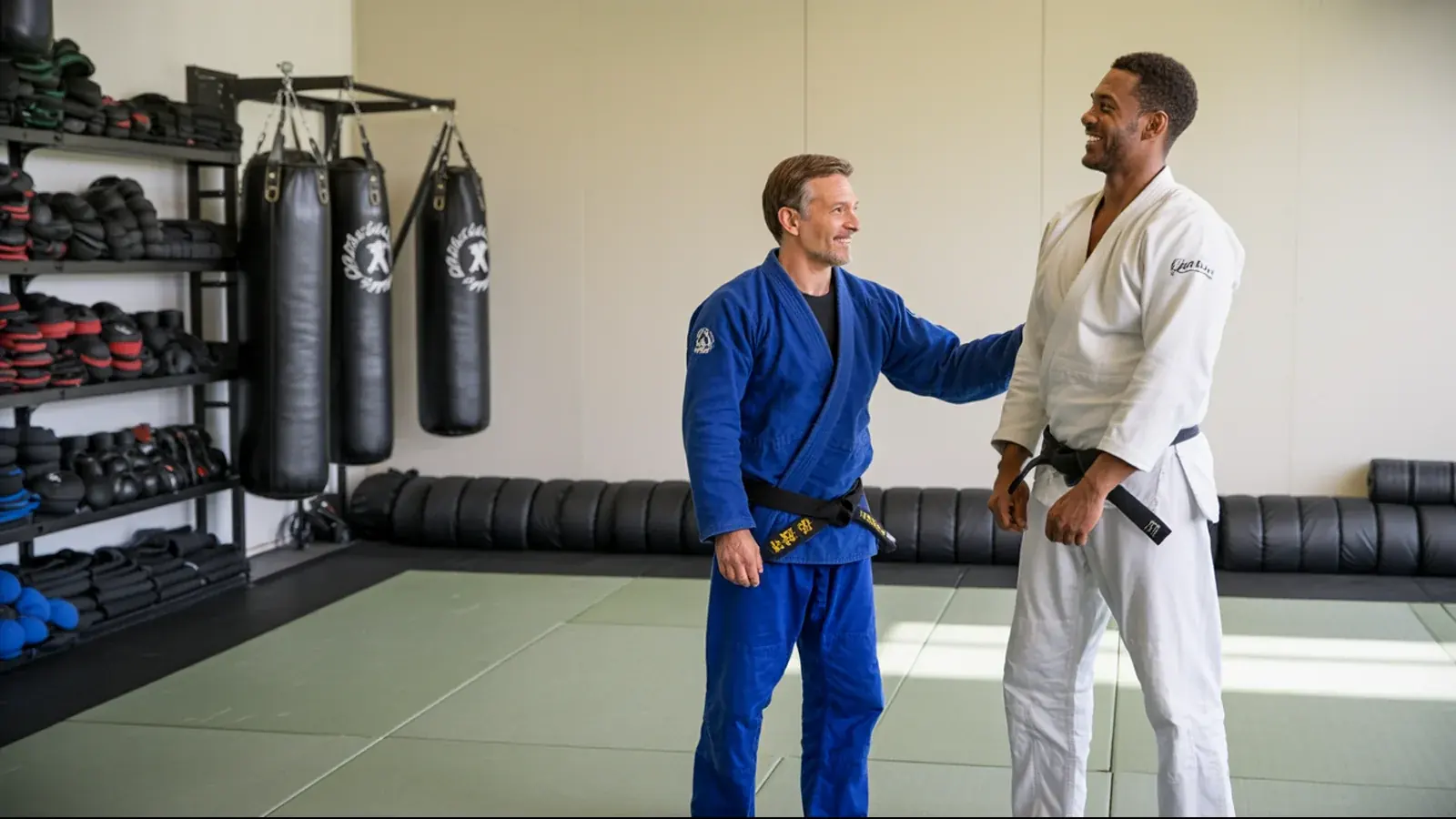 The owner of a martial arts school at work with a customer, in a bright real moment