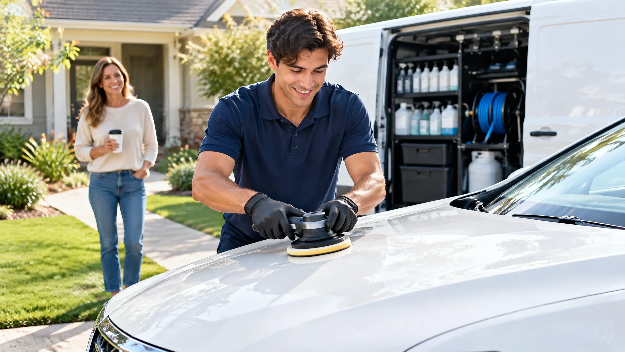 A young mobile detailer polishing a glossy white car in a sunny driveway while the owner watches