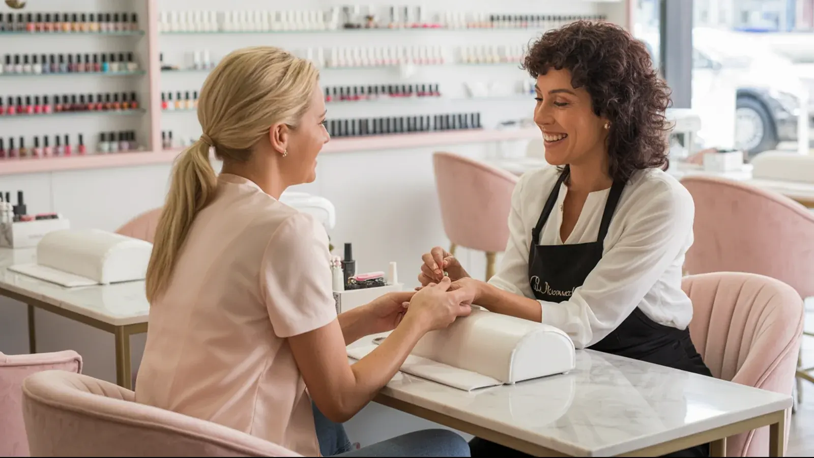 The owner of a nail salon at work with a customer, in a bright real moment
