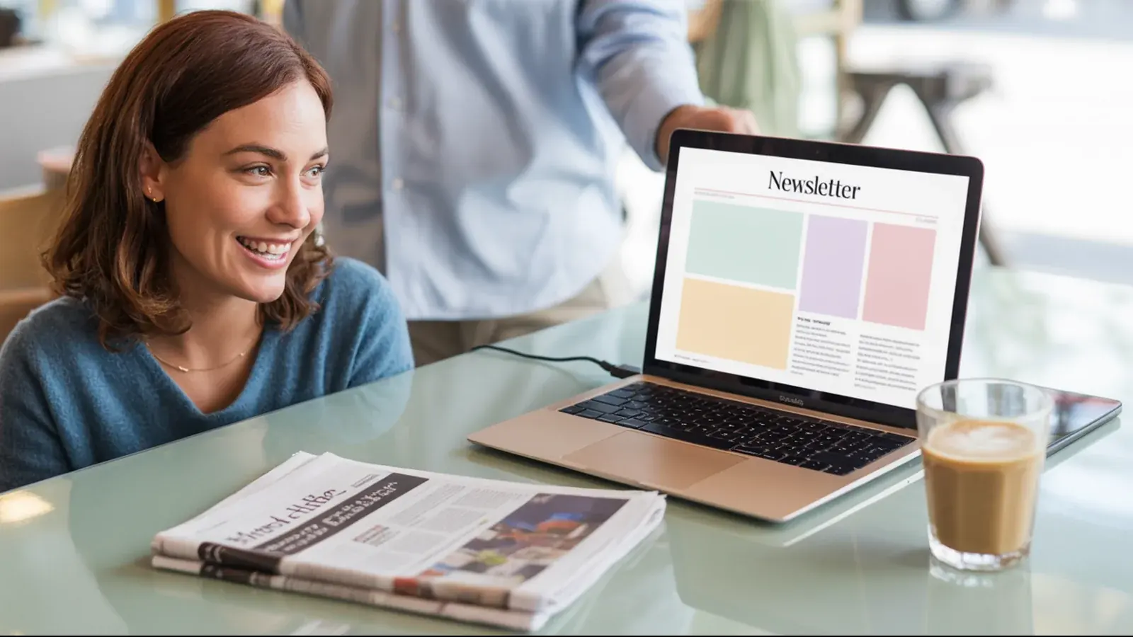 The owner of a newsletter at work with a customer, in a bright real moment