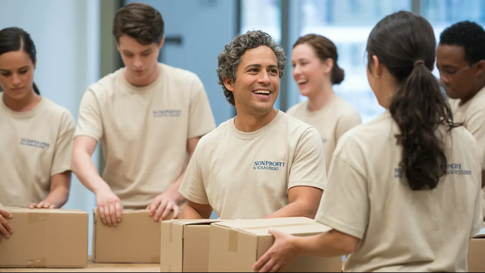 The owner of a nonprofit at work with a customer, in a bright real moment
