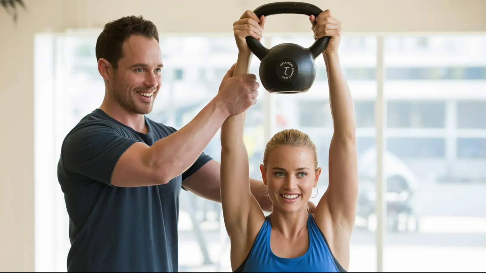 The owner of a personal training business at work with a customer, in a bright real moment