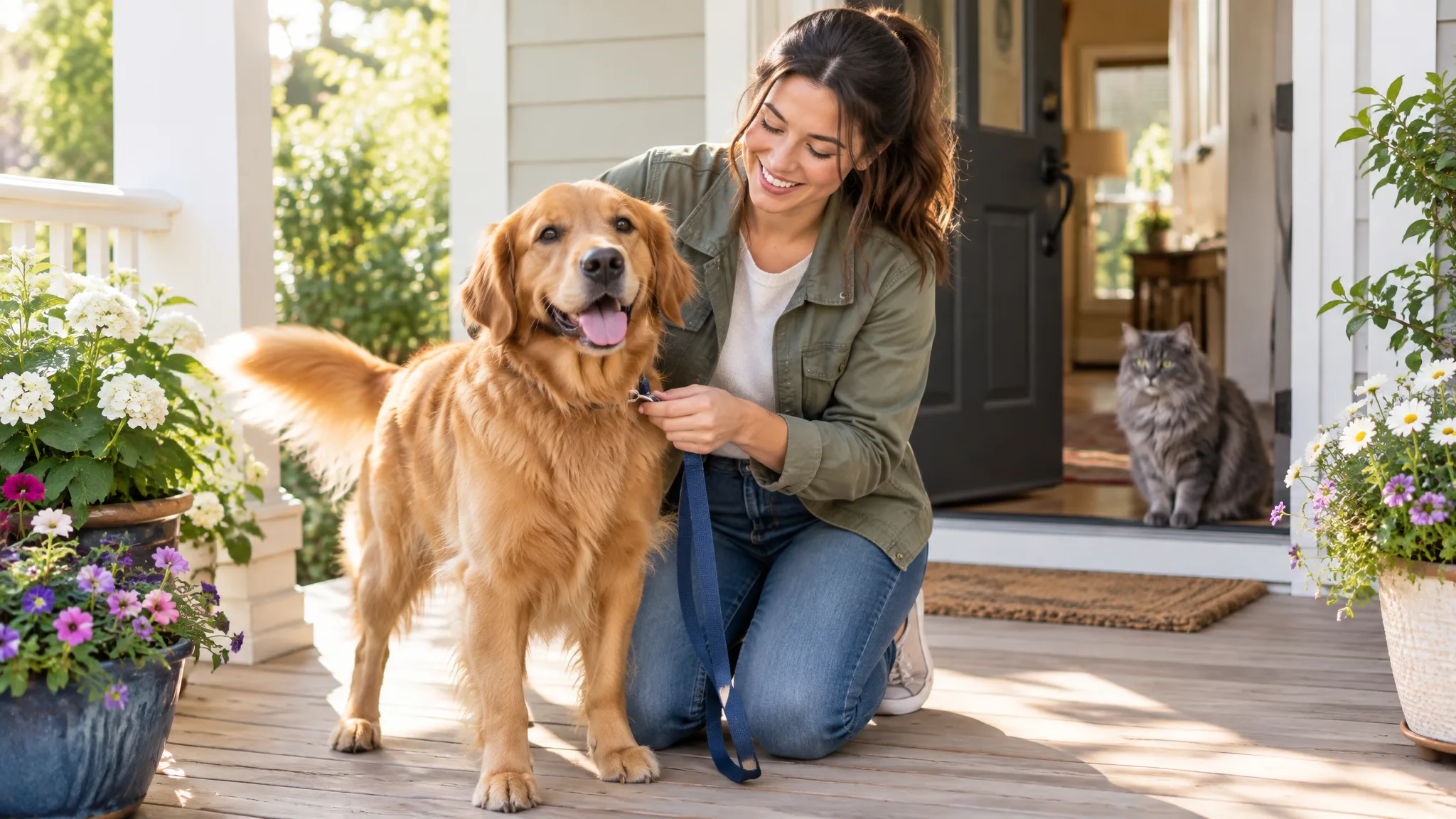 A young pet sitter clipping a leash on a happy golden retriever on a sunny front porch while a cat watches
