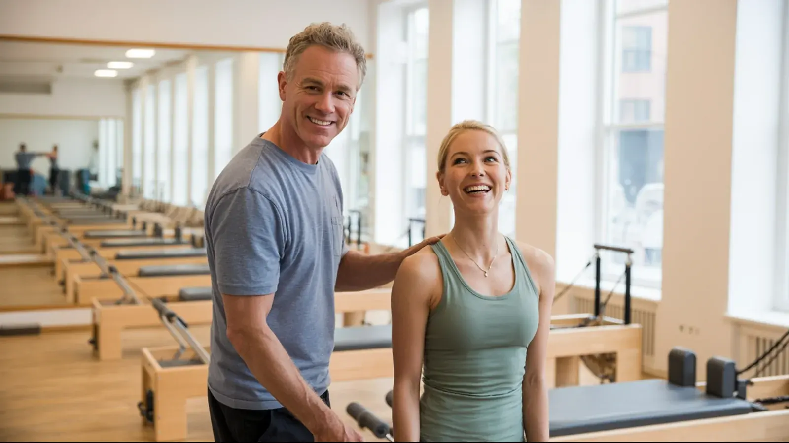 The owner of a Pilates studio at work with a customer, in a bright real moment