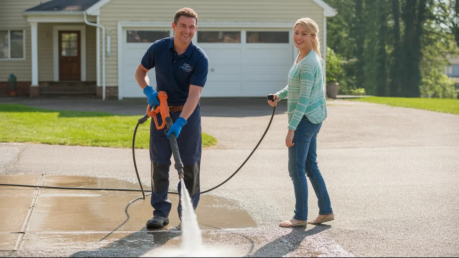 The owner of a pressure washing business at work with a customer, in a bright real moment