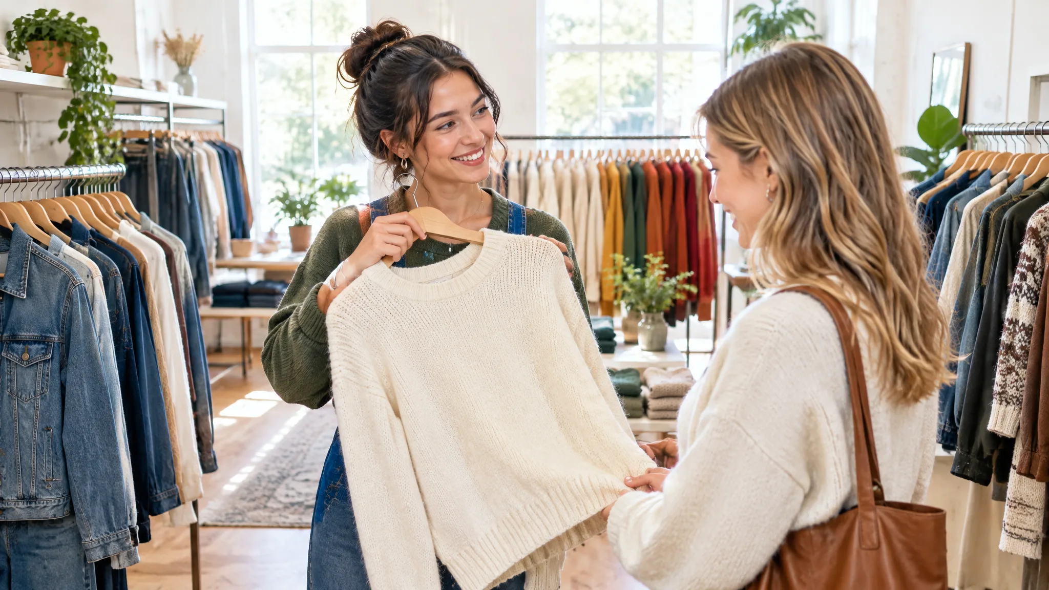A young resale shop owner holding up a cream sweater for a happy customer among neat, colorful clothing racks