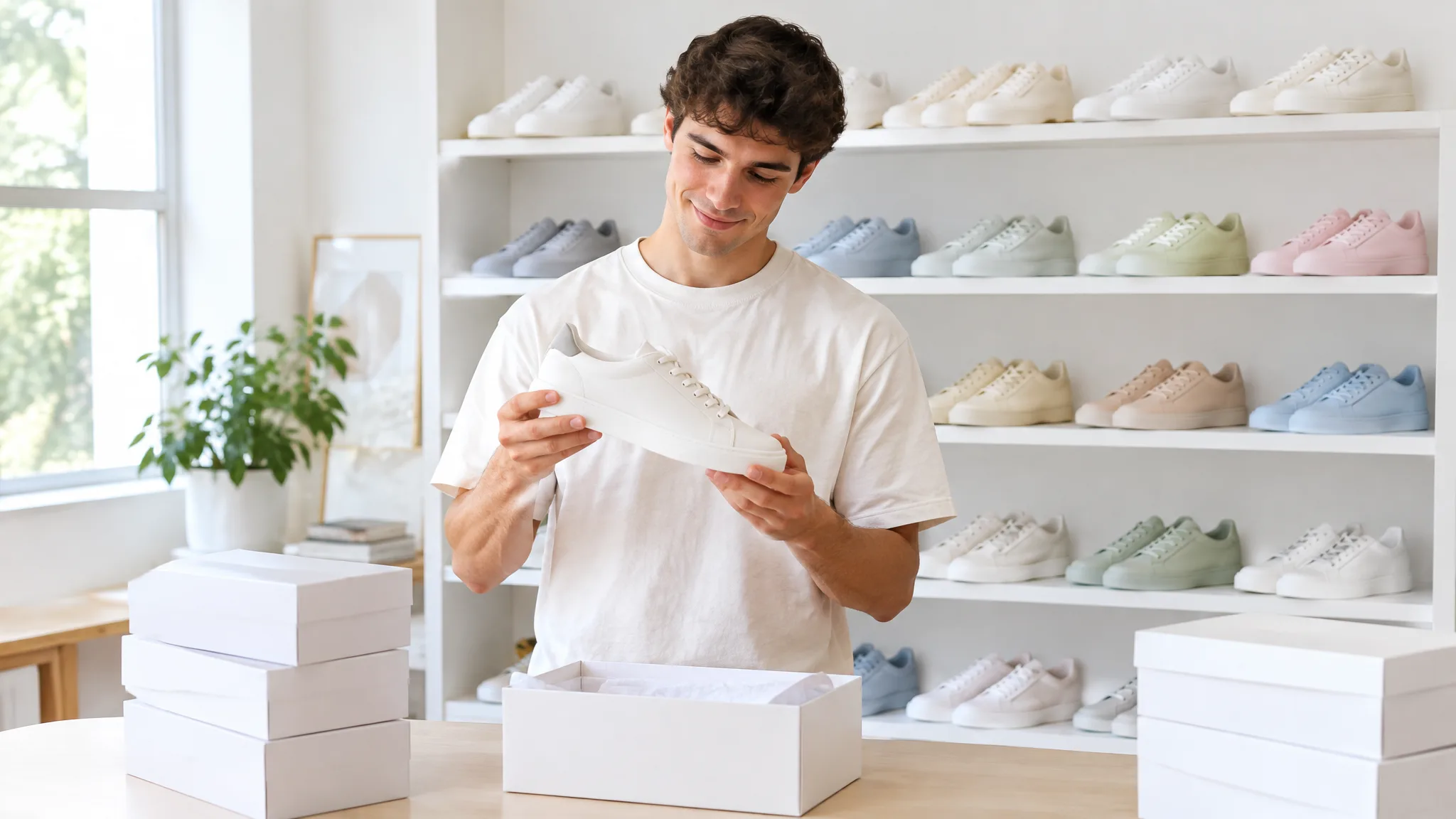 A young sneaker reseller checking a clean pair beside neat white shelves of plain sneakers