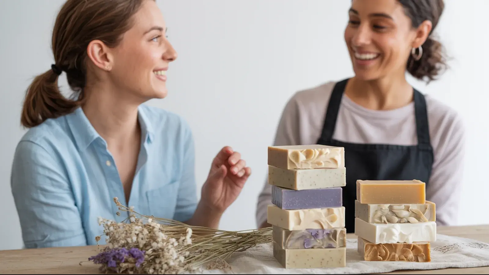 The owner of a handmade soap business at work with a customer, in a bright real moment