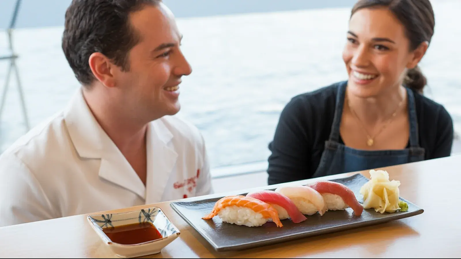 The owner of a sushi restaurant at work with a customer, in a bright real moment
