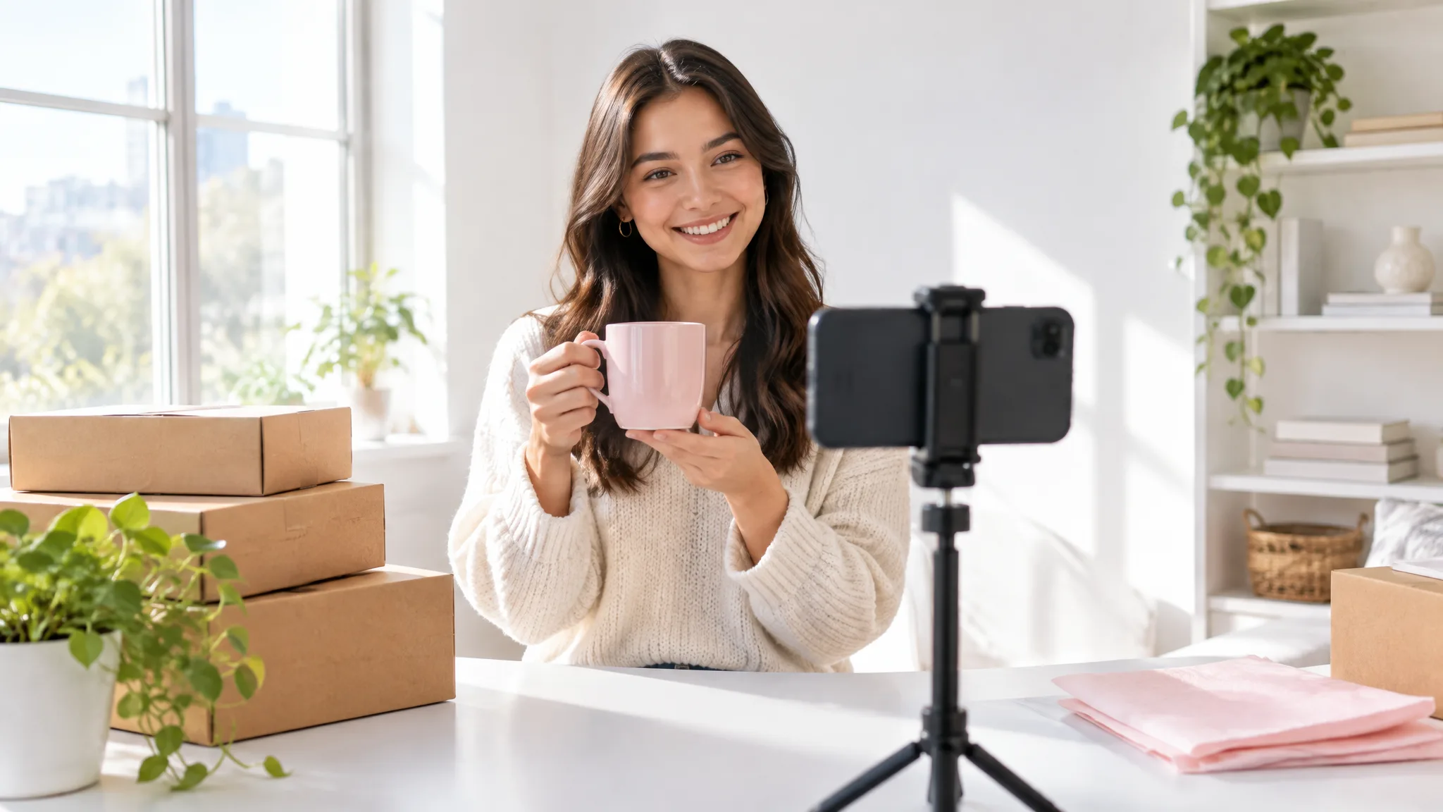 A young shop owner filming a short product video at a bright, tidy desk with packed boxes ready to ship