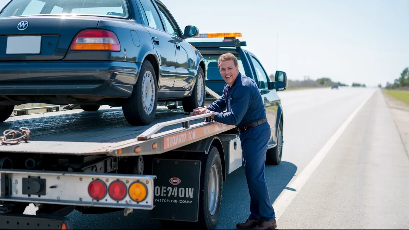 The owner of a towing company at work with a customer, in a bright real moment