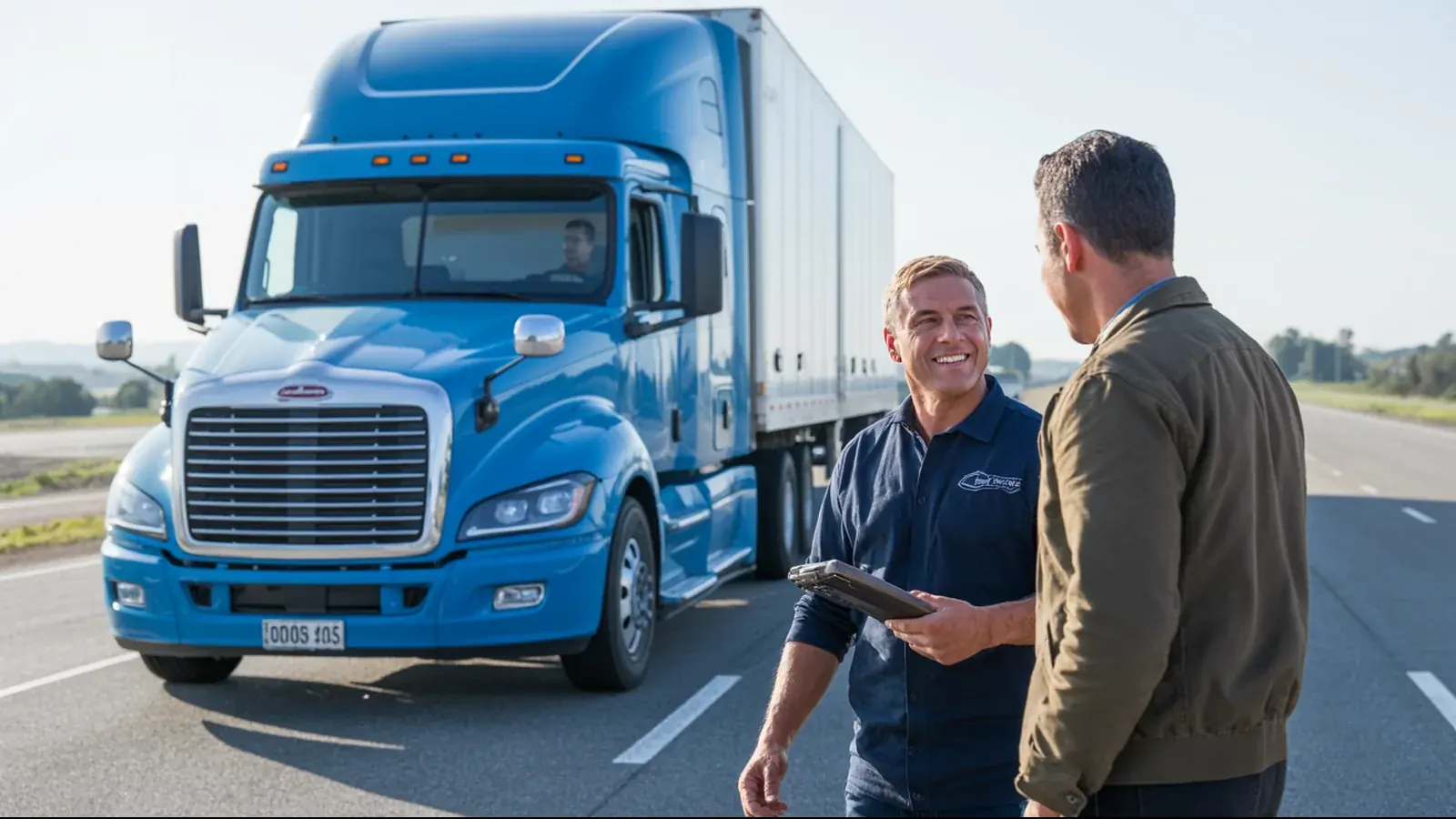 The owner of a trucking company at work with a customer, in a bright real moment