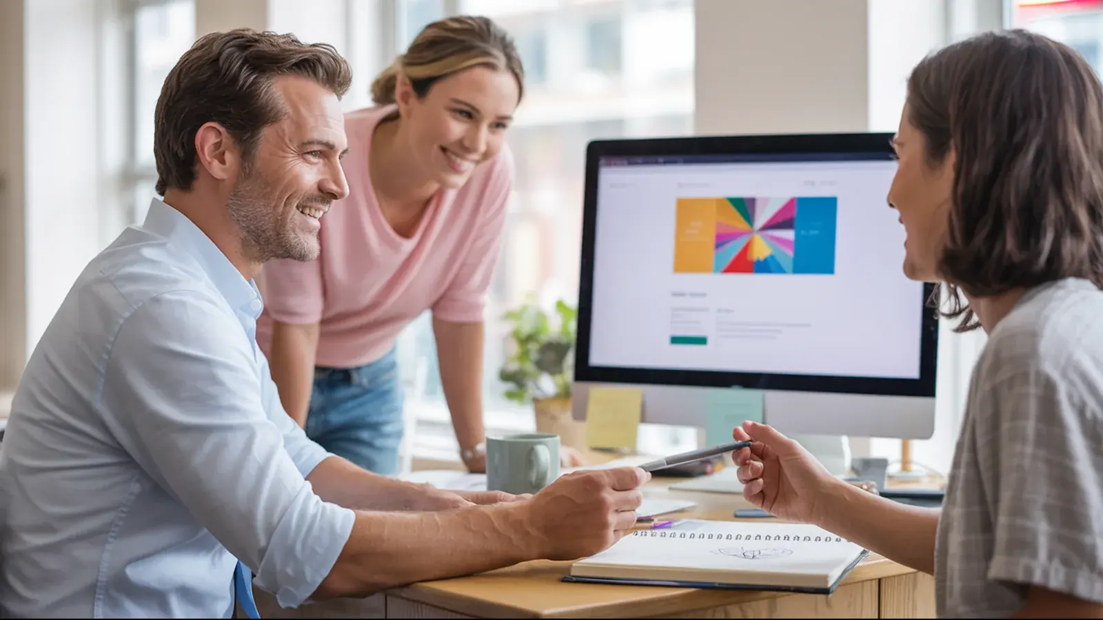 The owner of a web design agency at work with a customer, in a bright real moment