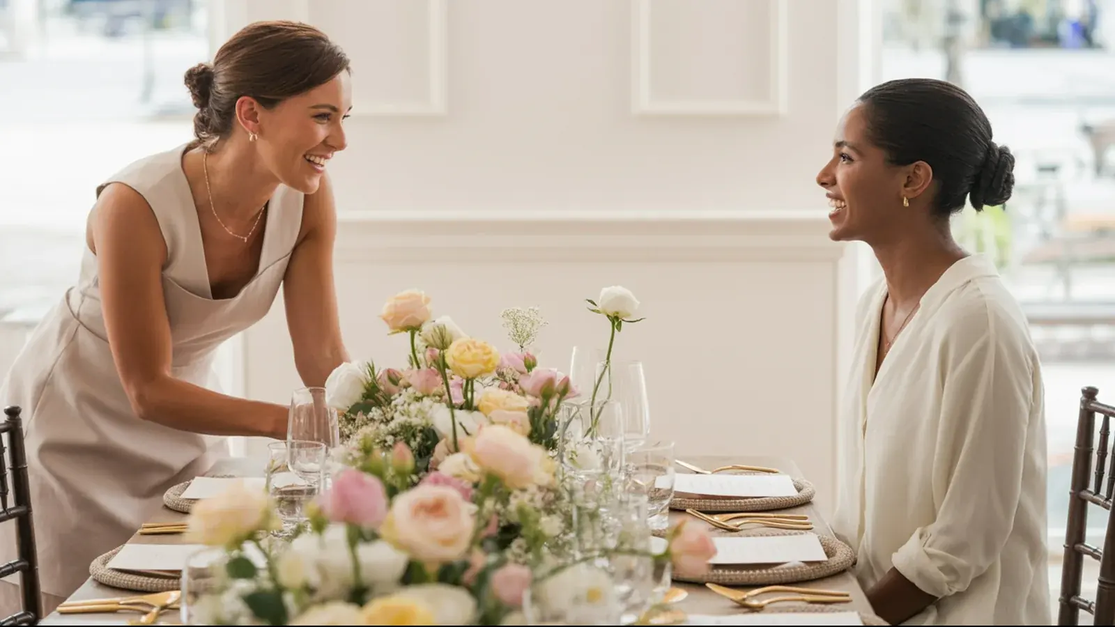 The owner of a wedding planning business at work with a customer, in a bright real moment
